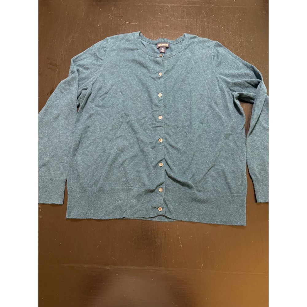 Lands End Womens XL Teal Blue Button Front Crew Neck Knit Cardigan Sweater